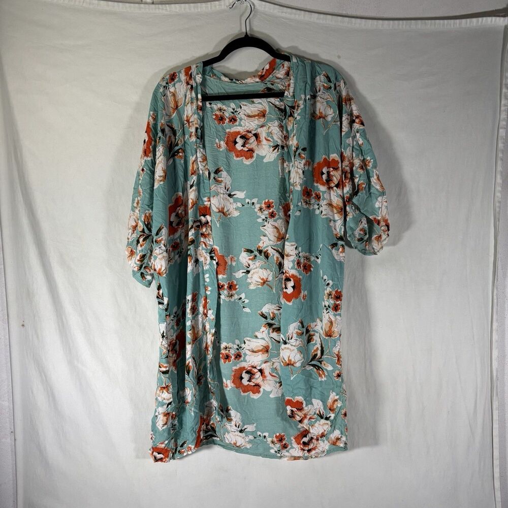 Floral Print Teal Kimono Open Front Cardigan One Size